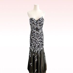 LA FEMME Strapless Black & White Floral Sequin Prom Mermaid Dress (Sz 4)